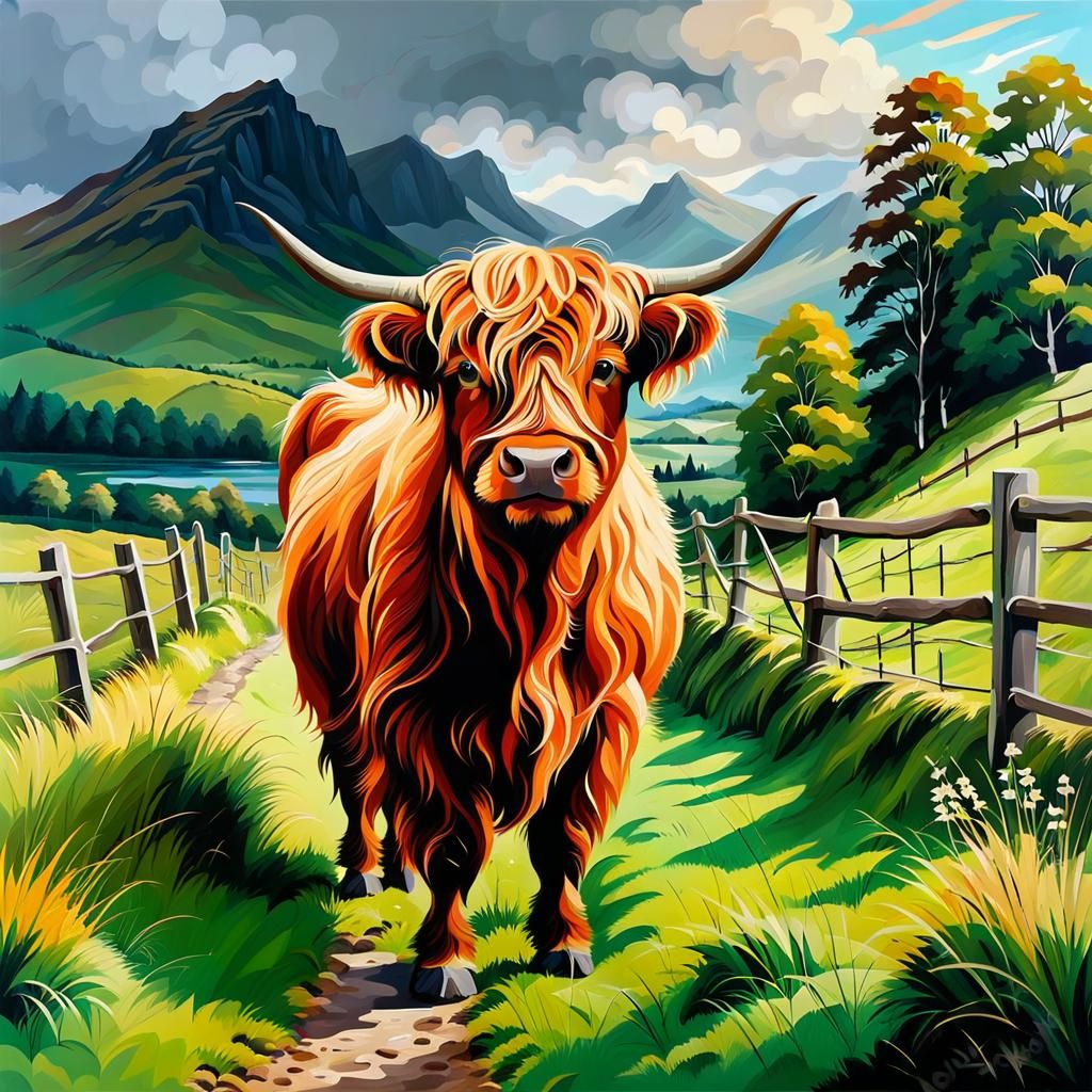 Cute Highland Cow in Scottish Countryside