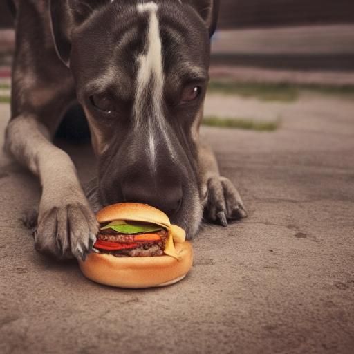 Hyperrealistic Dog Eating Dog With Hamburger