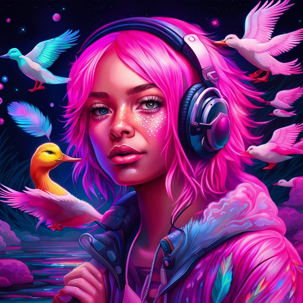 Pink-Haired DJ Girl by Pond in Astral Style