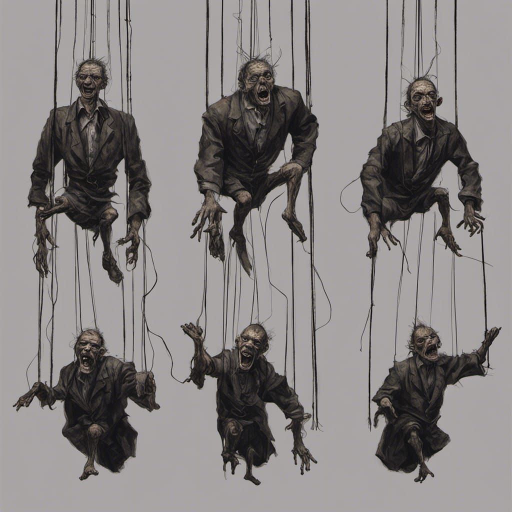 Grotesque Puppet Men Dancing: Dark Fantasy Art