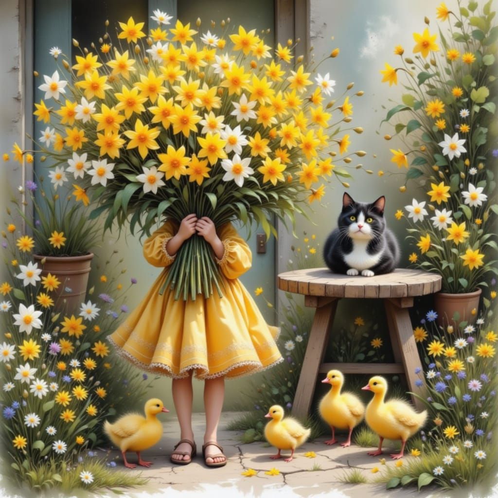 Girl with Daffodils, Ducklings, and Cat in Pencil and Waterc...
