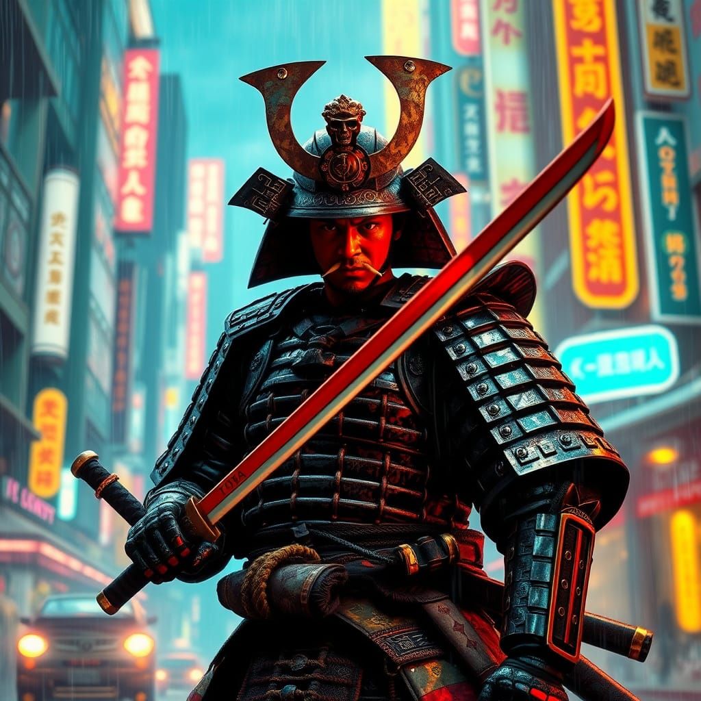 Cyberpunk Samurai in Neon Cityscape