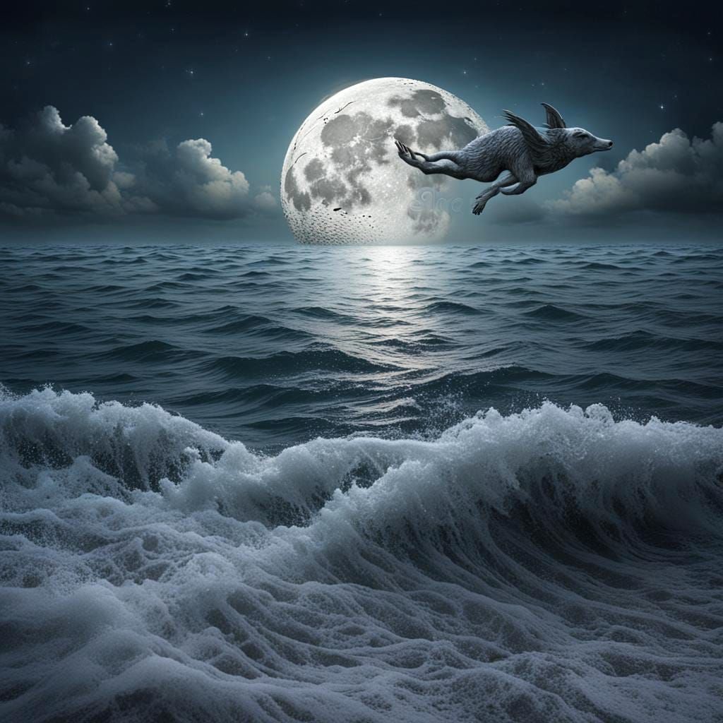 Surreal Silver Moon Dive into the Sea