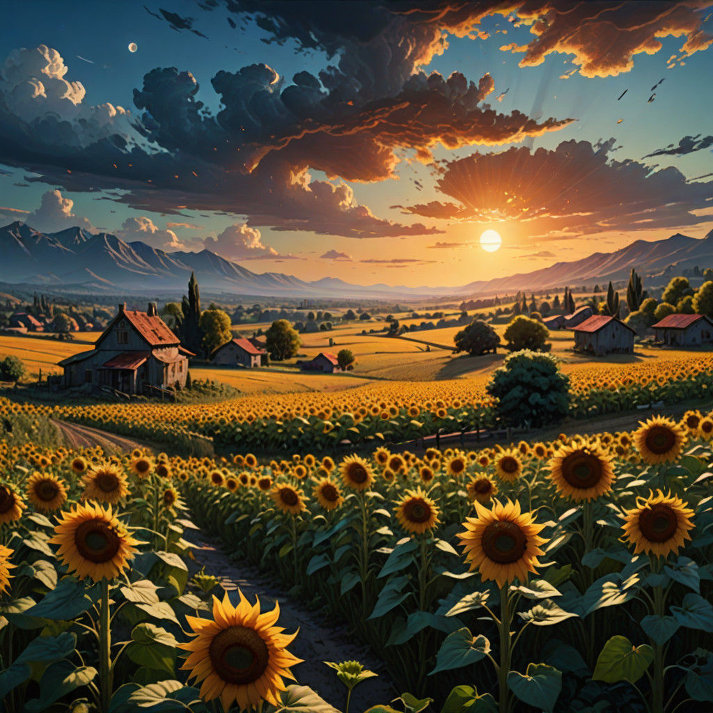 Van Gogh-Inspired Sunflower Landscape with Soft, Volumetric....