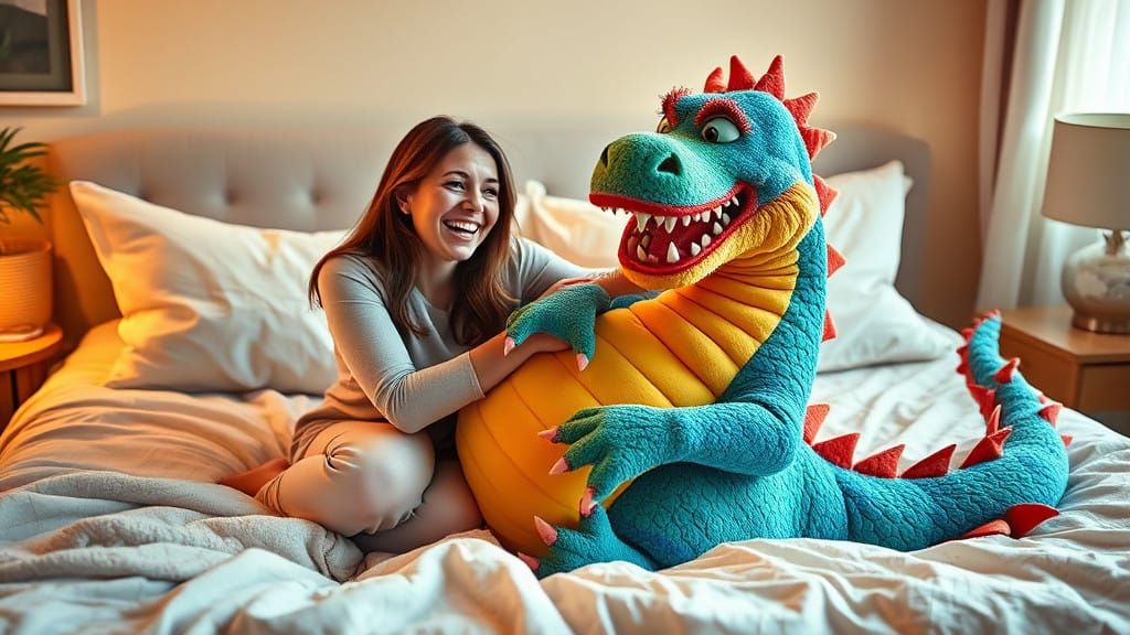 Whimsical Woman and Plush Dragon in Cozy Bedroom Scene