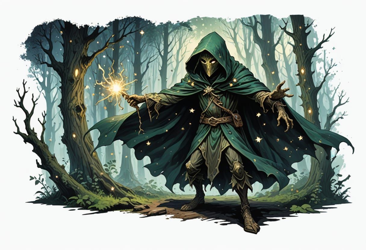 Wood Sprite Battles Void Phantom in Starry Cloak
