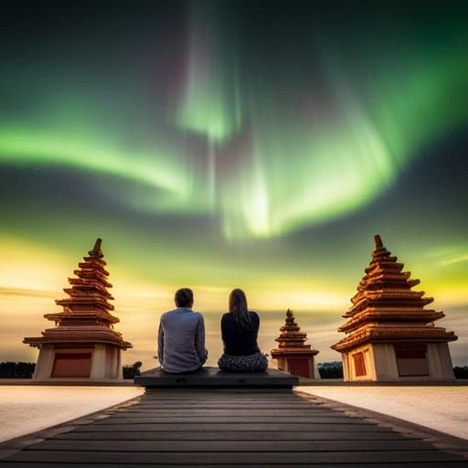 Couple Embrace Beneath Aurora at Temple