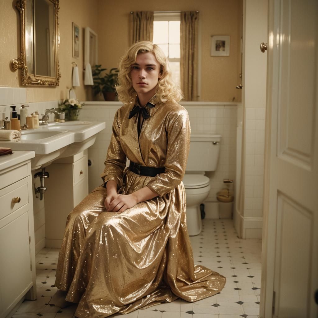 Boy in Quinceañera Dress in Luxurious Bathroom