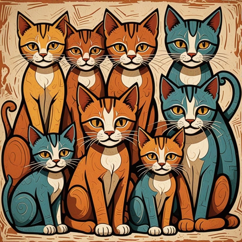 Abstract Kittens in Jamini Roy Style