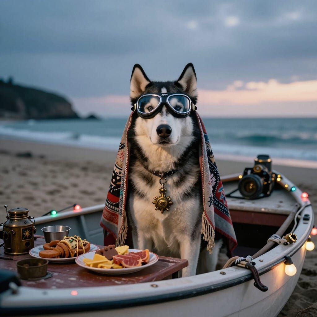 Husky in Fishing Boat with Goggles and Pashmina