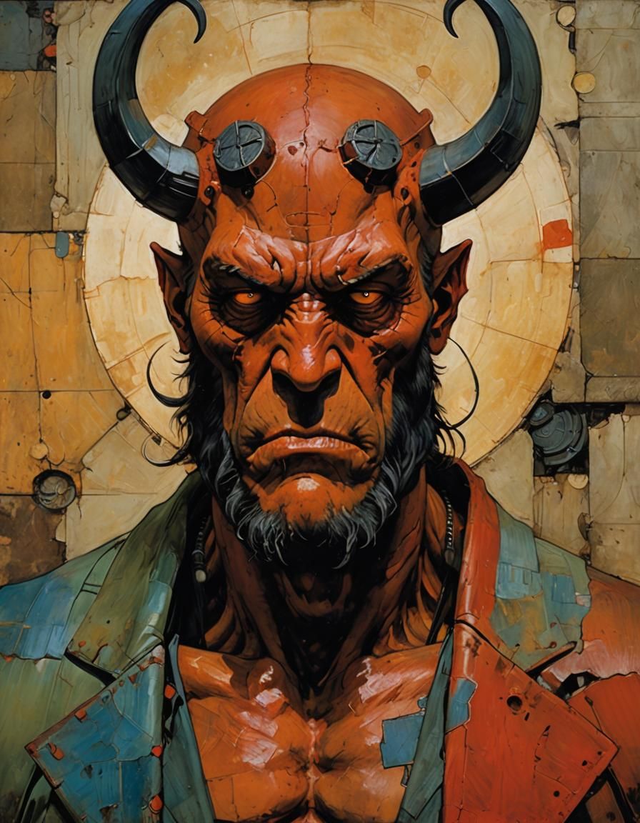 Closeup Portrait of Hellboy in a Dark, Expressive Art Style