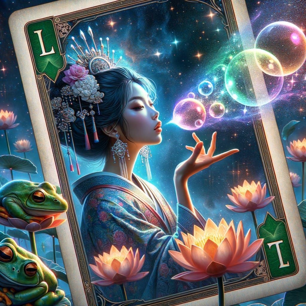 Asian Woman Blowing Bubbles in Space