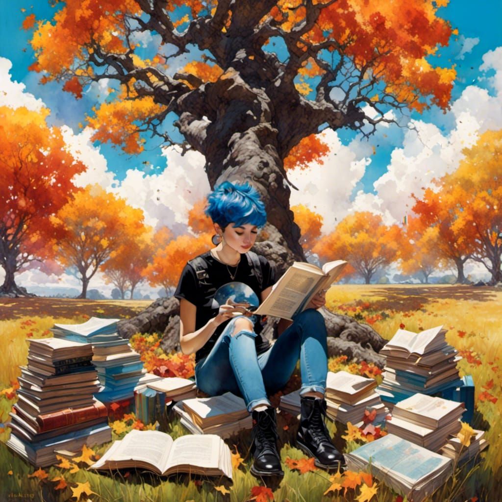 Girl Studying Under Tree in Stylized Watercolor Art