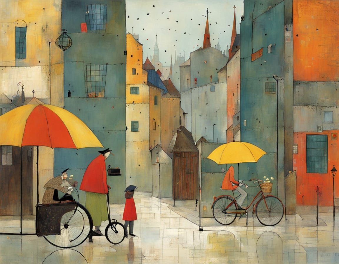 Whimsical Village Life Scenes in Pastel Watercolor Style