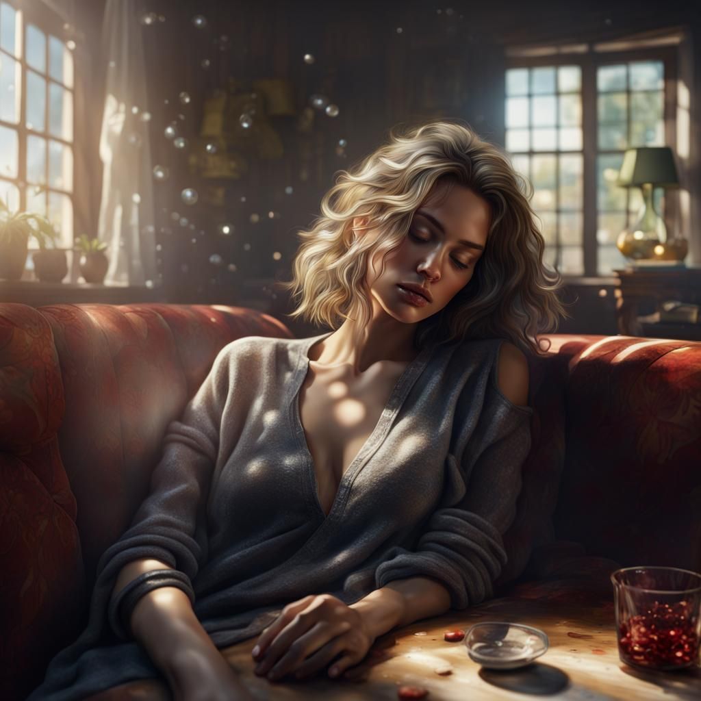 Attractive Woman Sleeping on Sofa in Hyperrealism