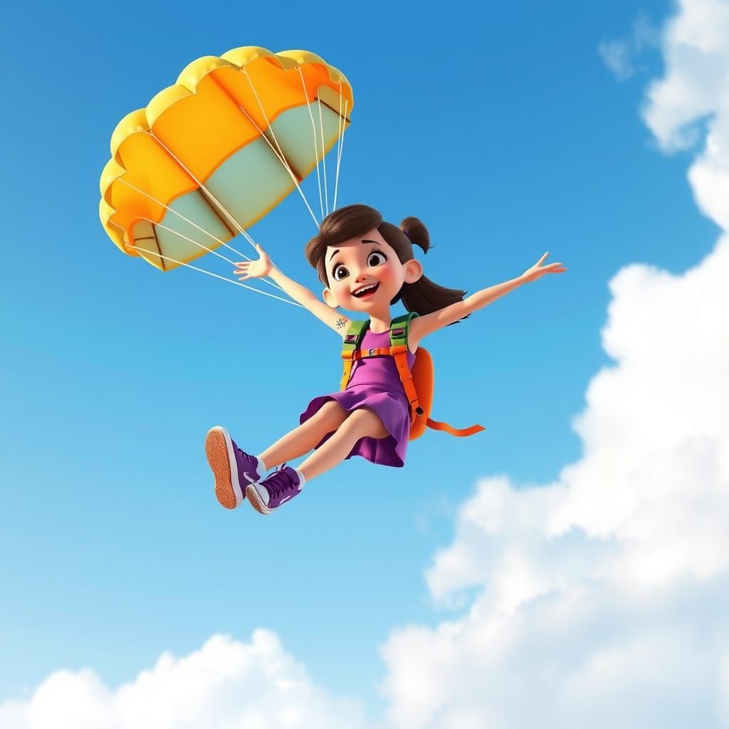 Girl Skydiving with Parachute in Vibrant 3D Style