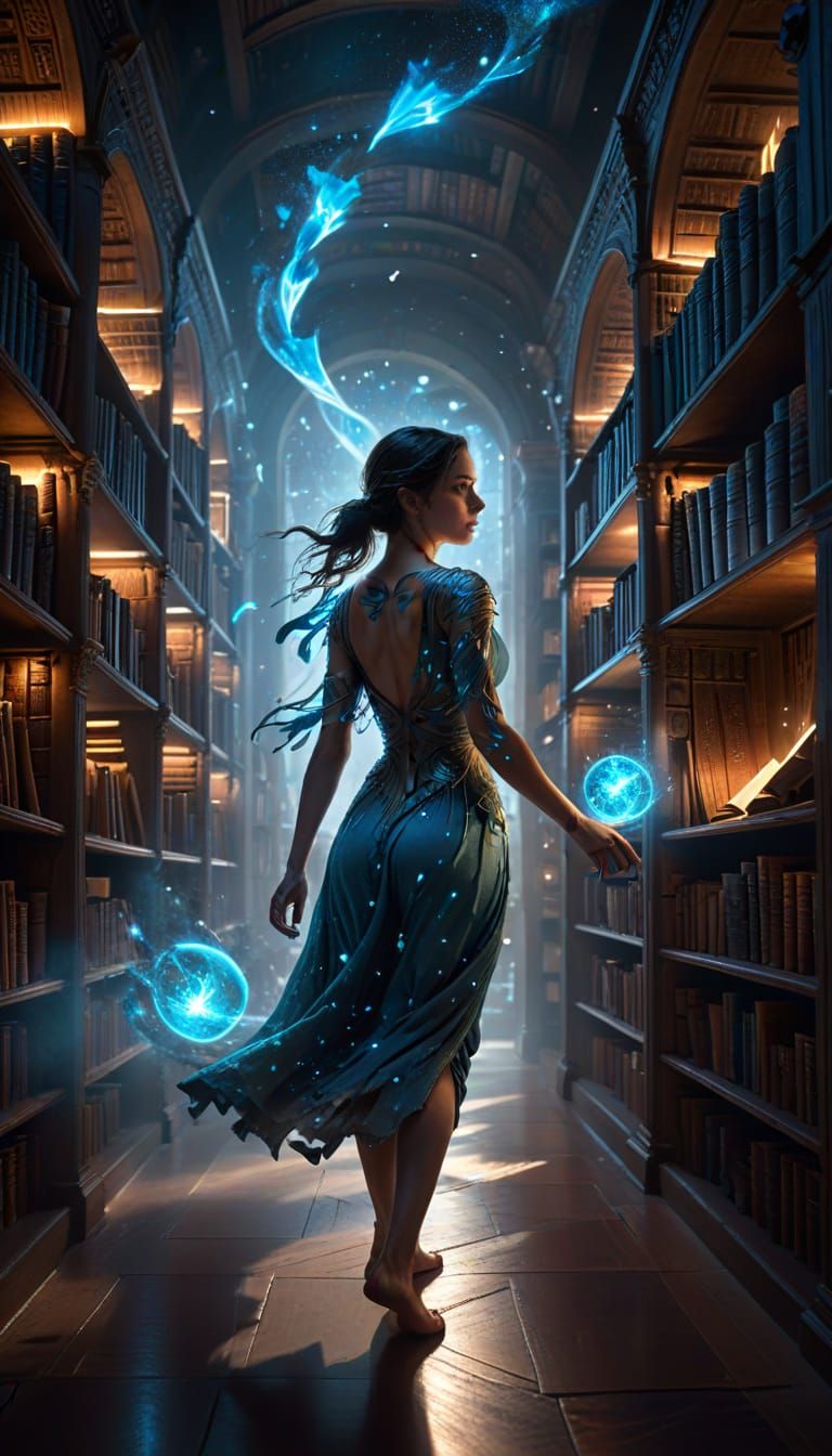 Woman in Bioluminescent Library: Fantasy Art