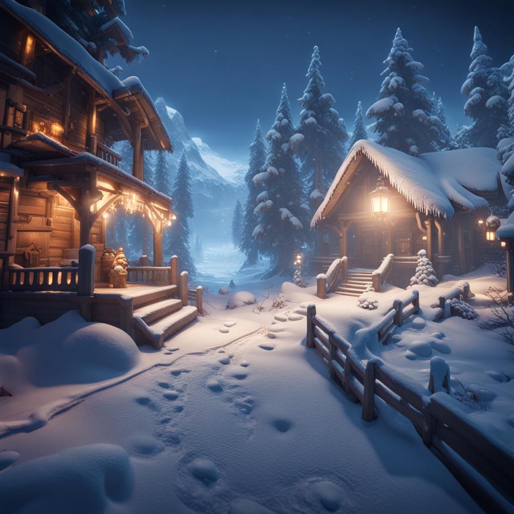 Happy Winter Night in 3D Game Style