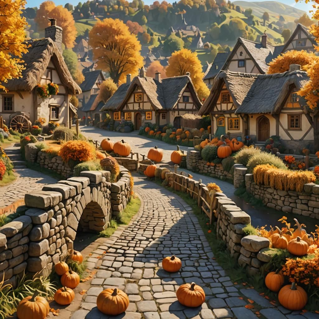 Rustic Village in Autumn Sunlight: 8K Resolution