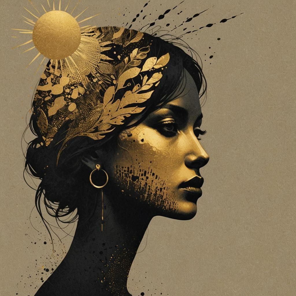 Gold and Black Silhouette Portrait with Halftone Pattern