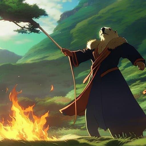 Anime Otter Pyrokineticist in Ghibli Style