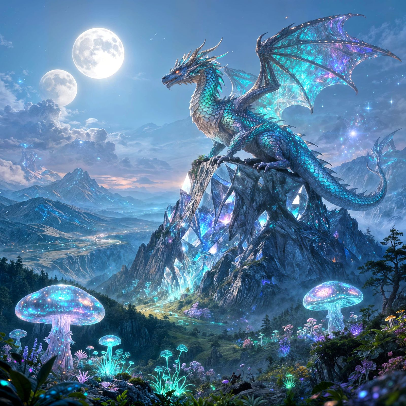 Bioluminescent Dragon on Crystal Peak, Ethereal Fantasy Art