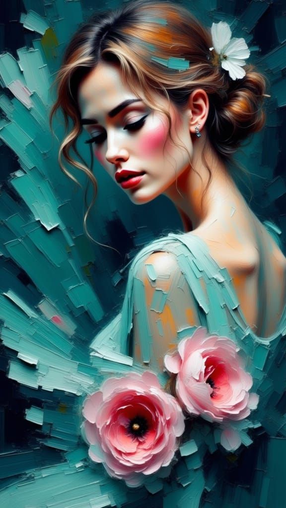 Woman in Mint Green Dress as Impasto Art