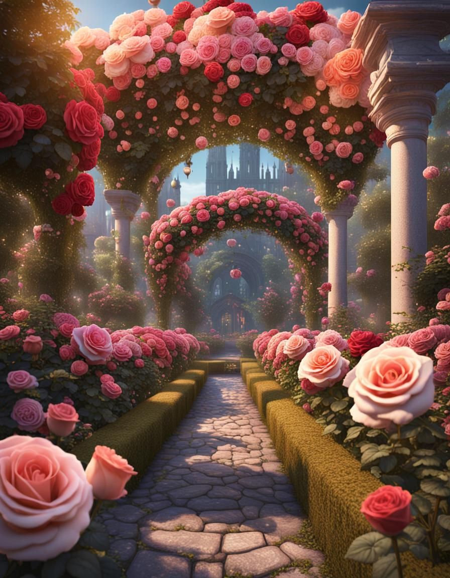 Colorful Rose Beds in City Garden: Fantasy Concept Art