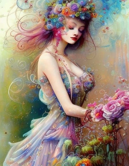 Girl in Victorian Dress Rollerblading, Watercolor Illustrati...