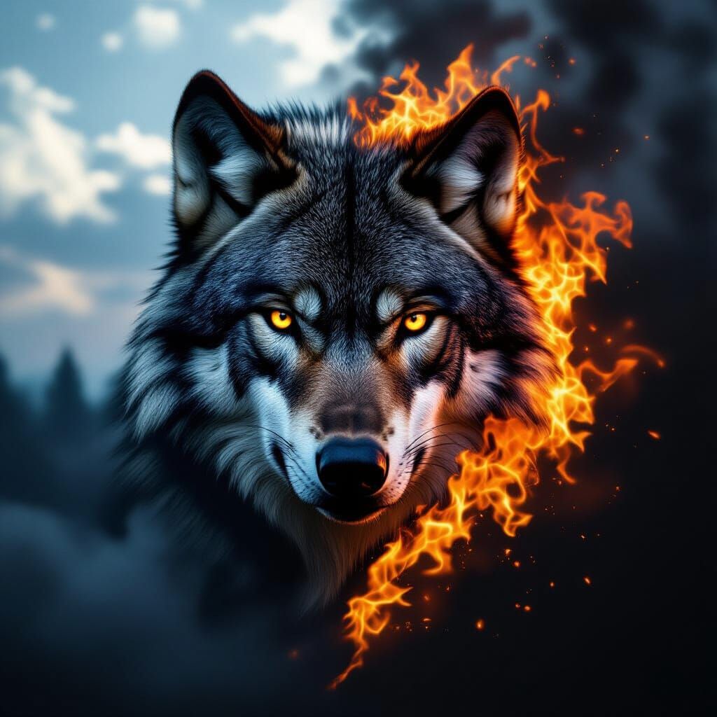 Fiery Wolf: Day and Night Split Painting