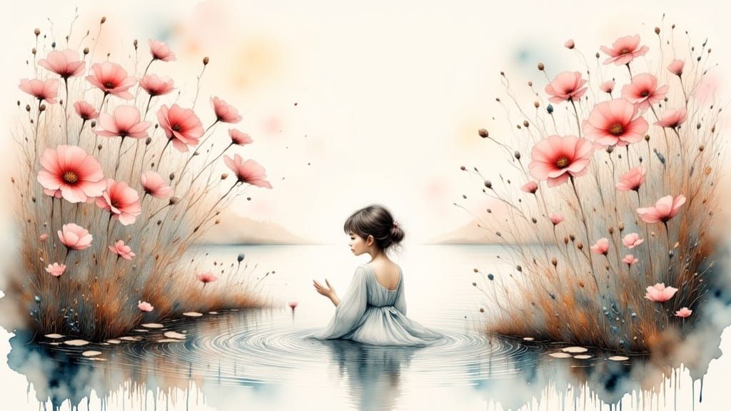 Ethereal Figure in Flowing Attire on Serene Lake