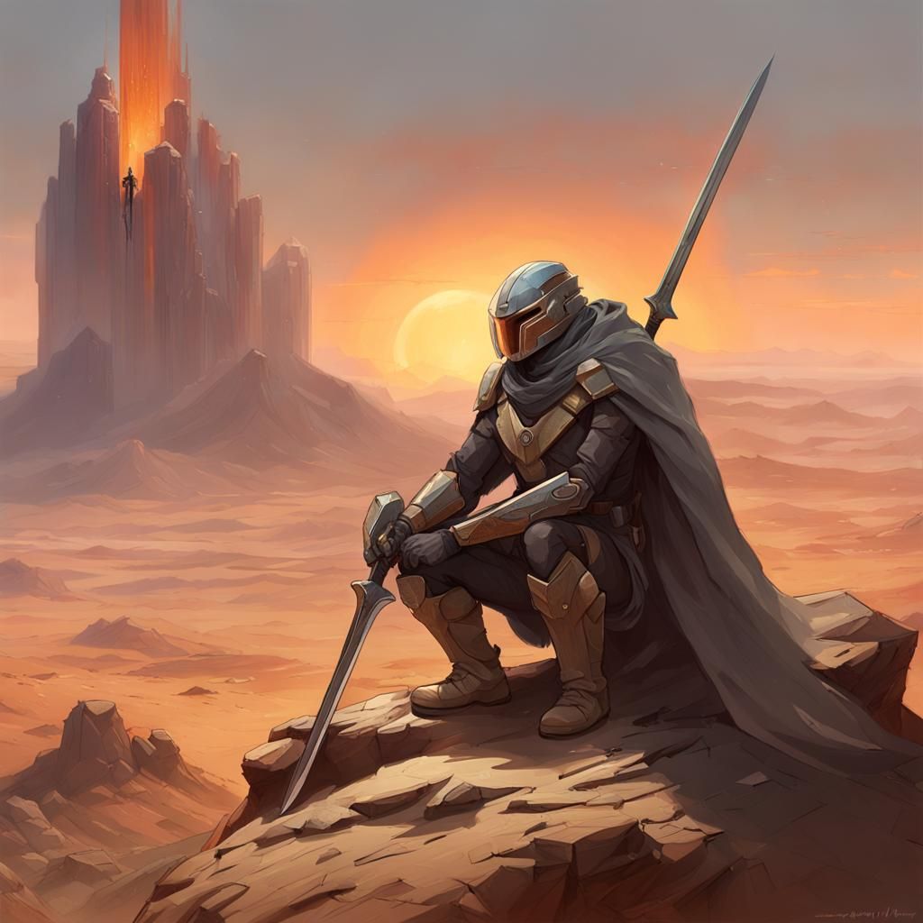 Wounded Warrior Sharpening Sword on Desert Planet