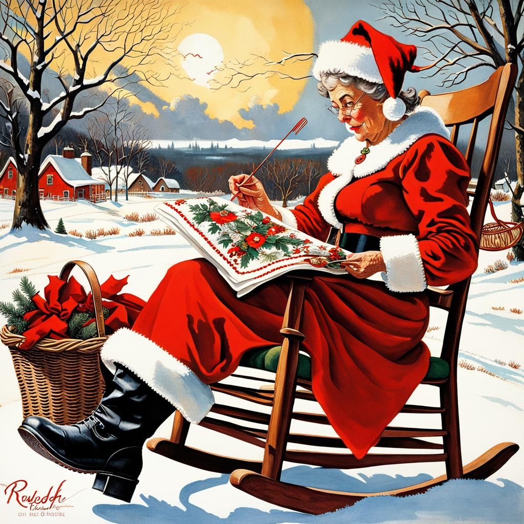 Mrs. Claus Needlework, a Norman Rockwell Style Scene