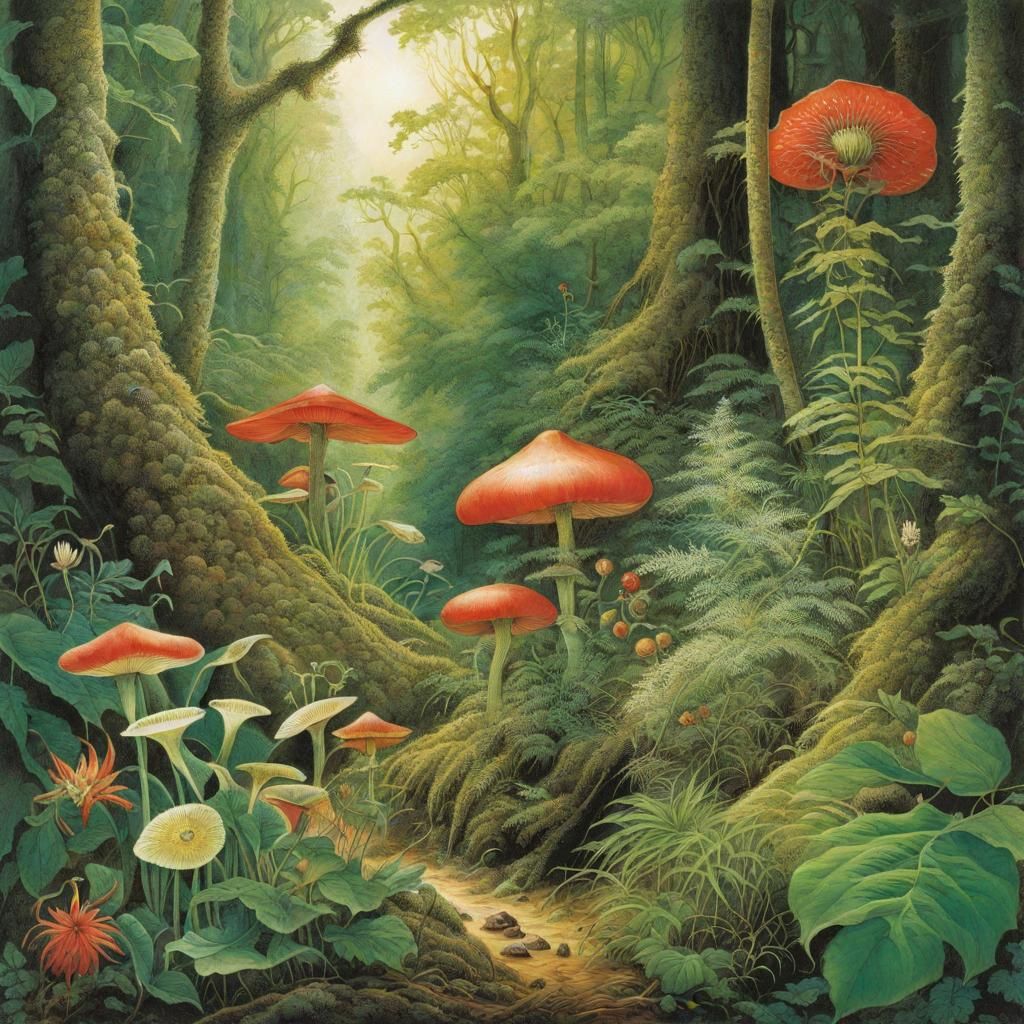 Botanical Illustration of Forest Flora and Fauna