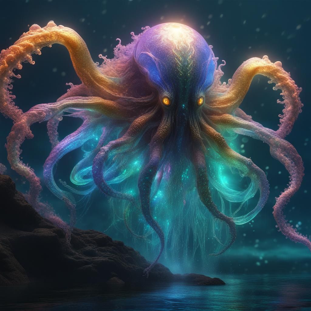 Bioluminescent Kraken-Human Hybrid in Dichroic Ocean