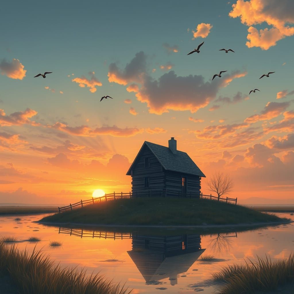 Abandoned Home Amidst Celestial Splendor in Sunset Hues