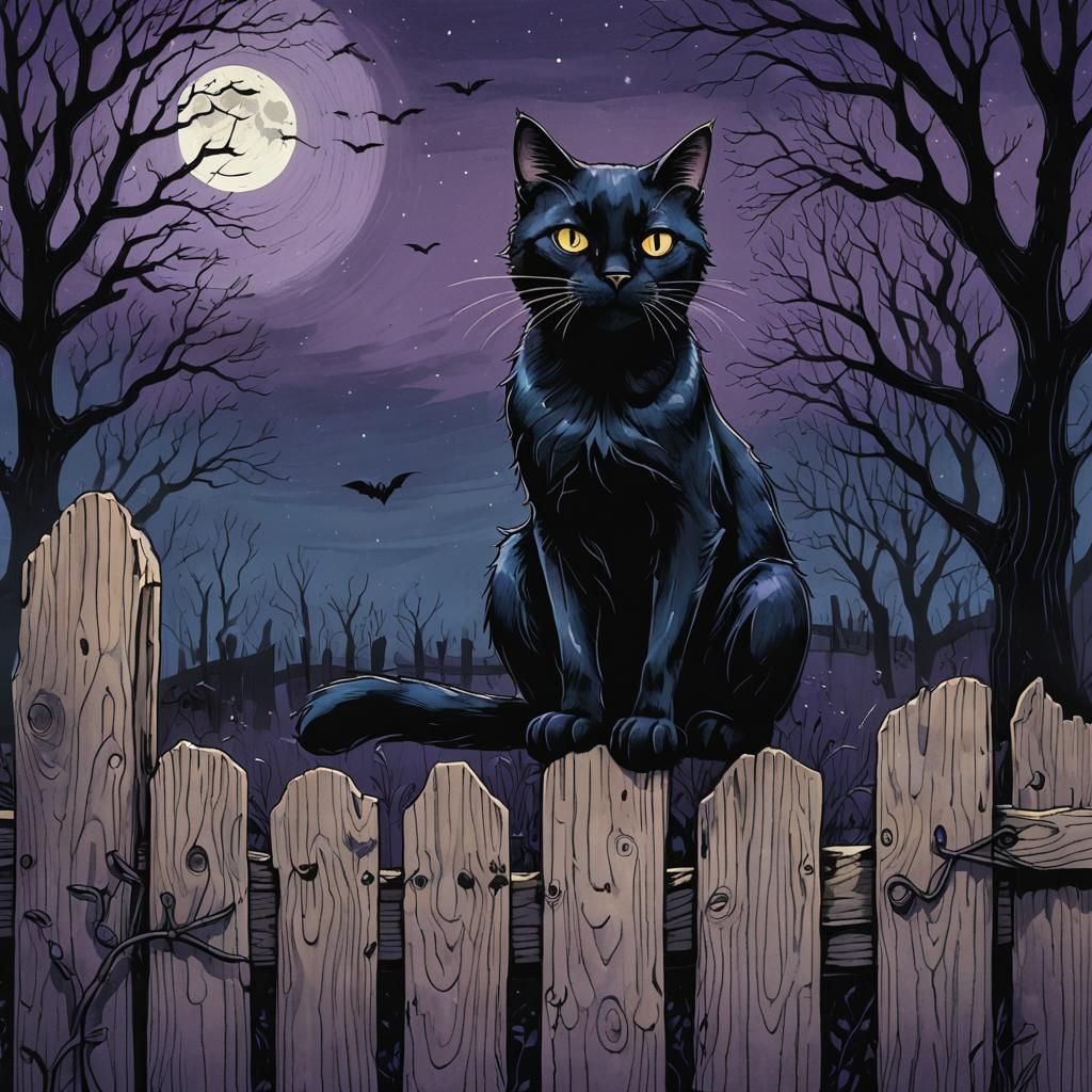 Eerie Black Cat on Fence: Whimsical Ink Illustration