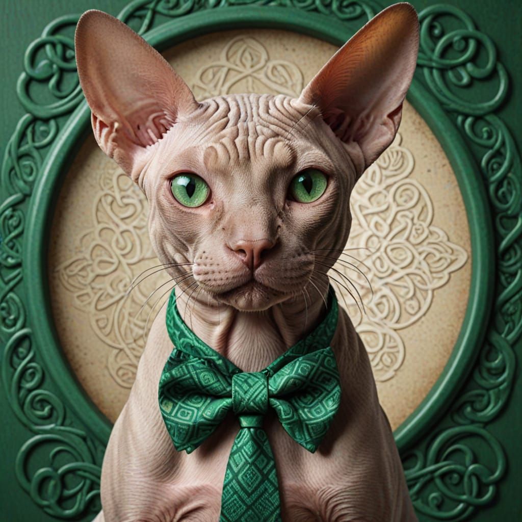 Regal Sphynx Cat Celebrates St. Patrick's Day in Celtic Styl...