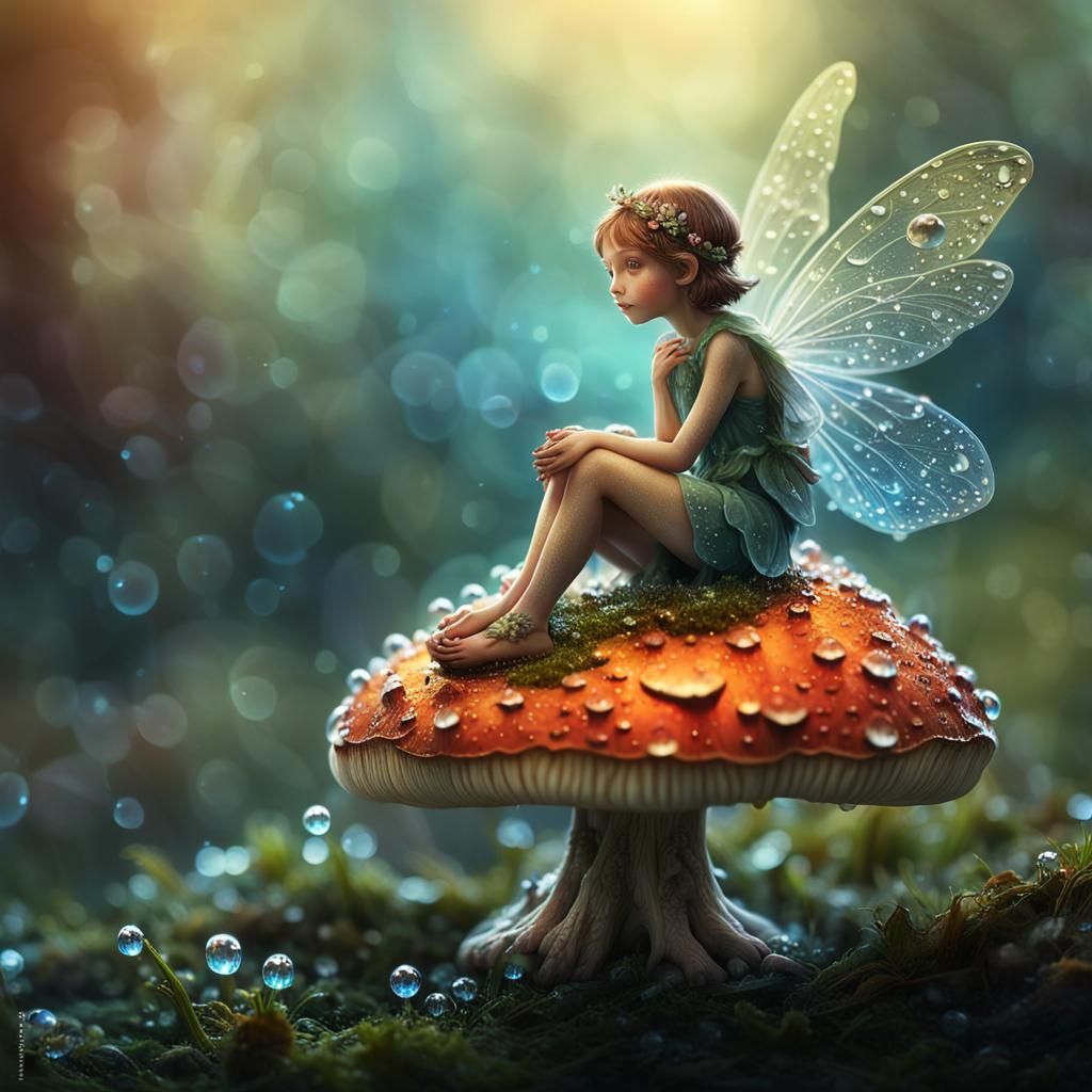 a tiny fairy sitting on a mushroom