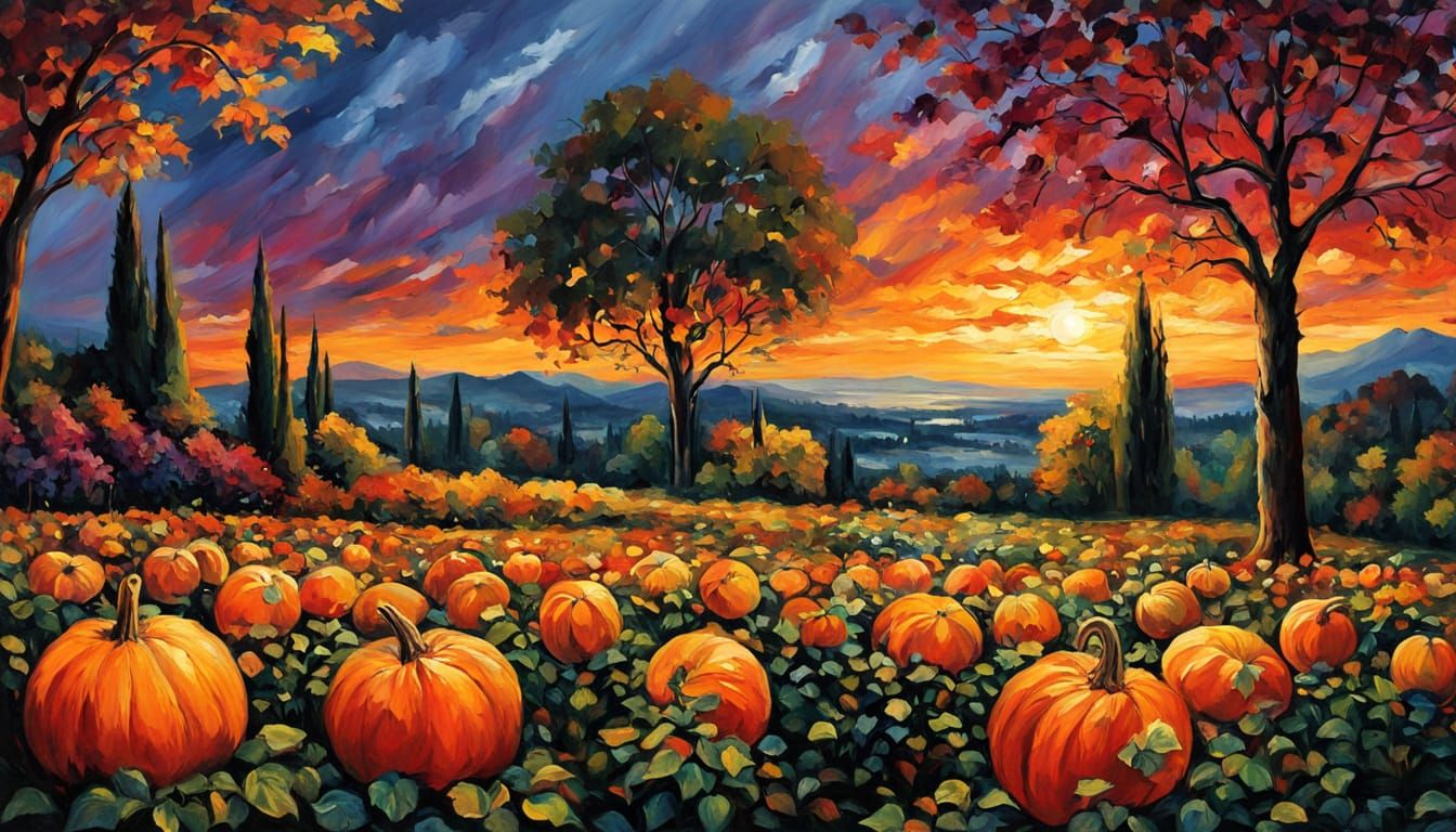 Ominous Thunderstorm Over a Twisted Pumpkin Patch