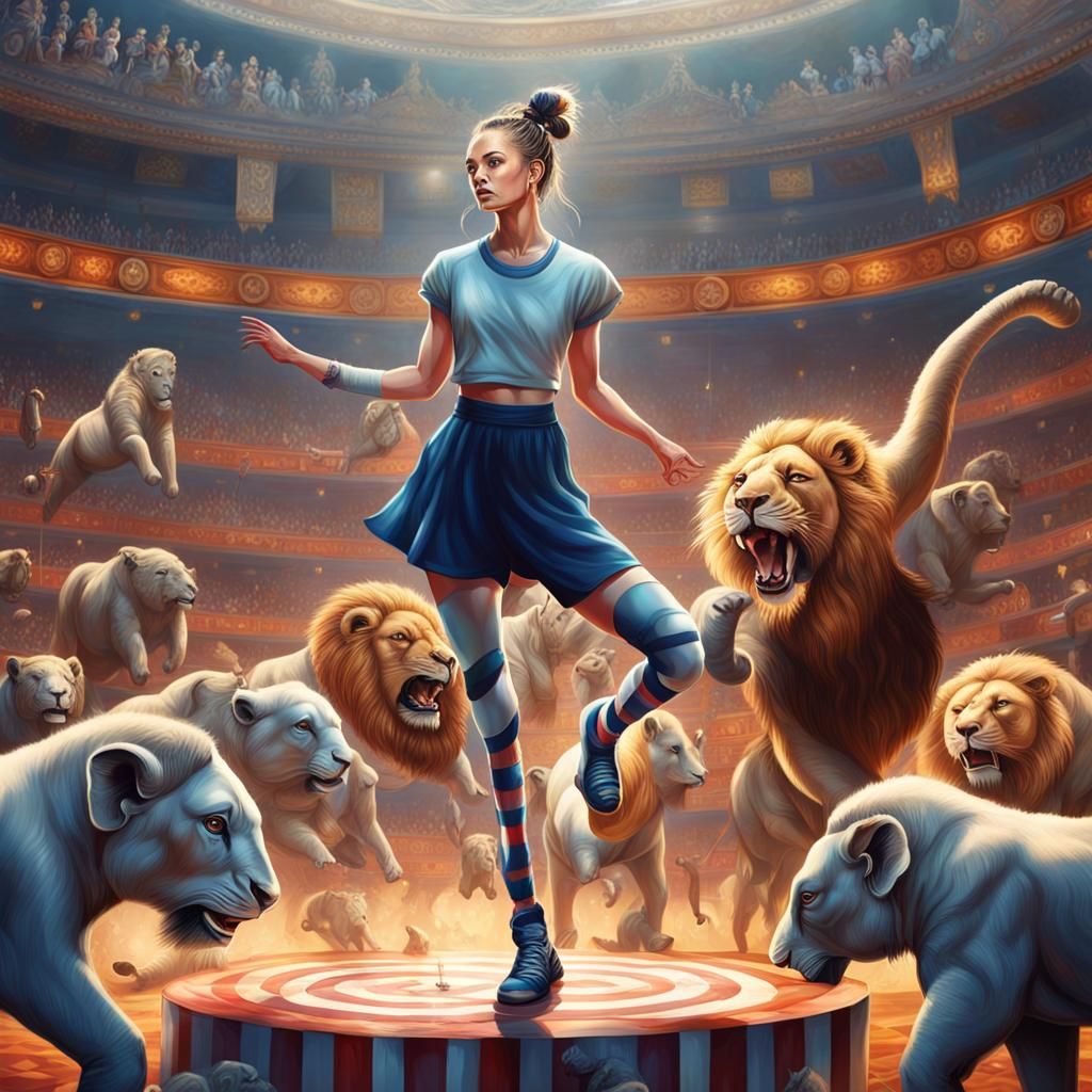 Striped Woman Balances in Circus Ring