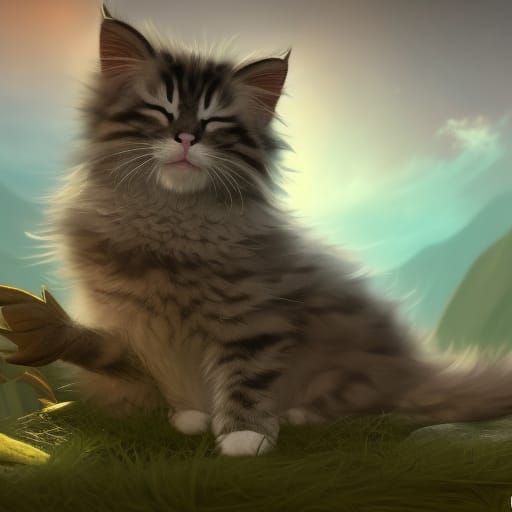 Fluffy Kitten Sleeping: Detailed Matte Painting