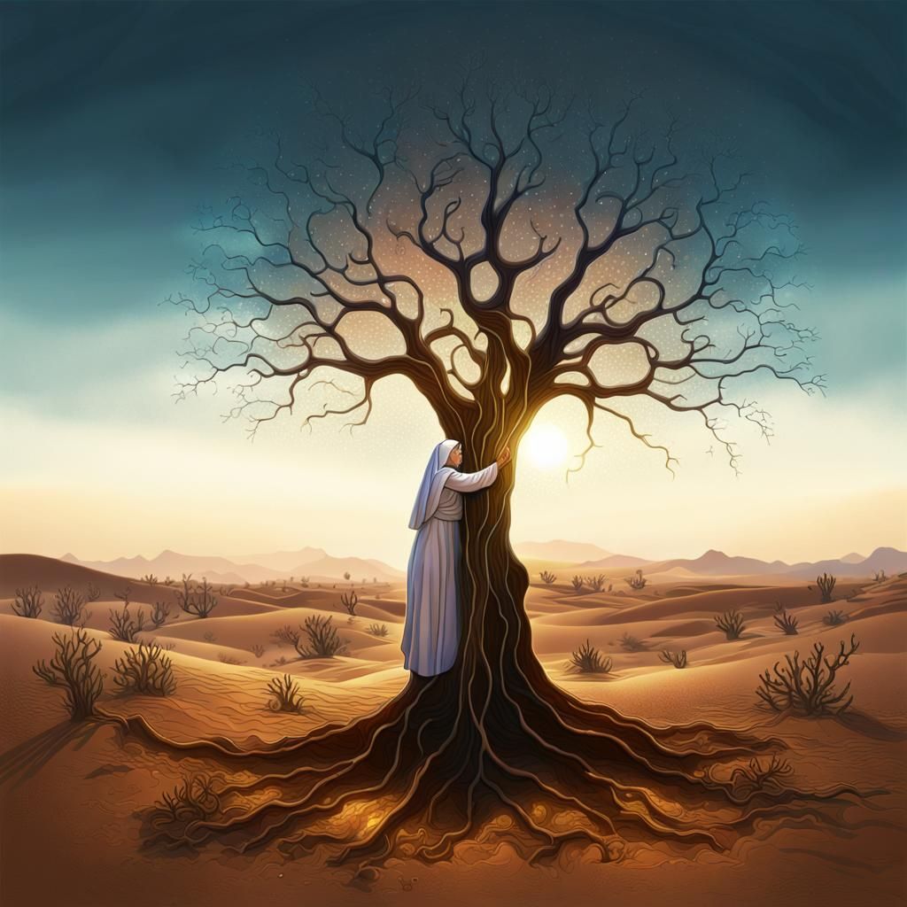 Nun Hugging Tree in Stained Glass Illustration