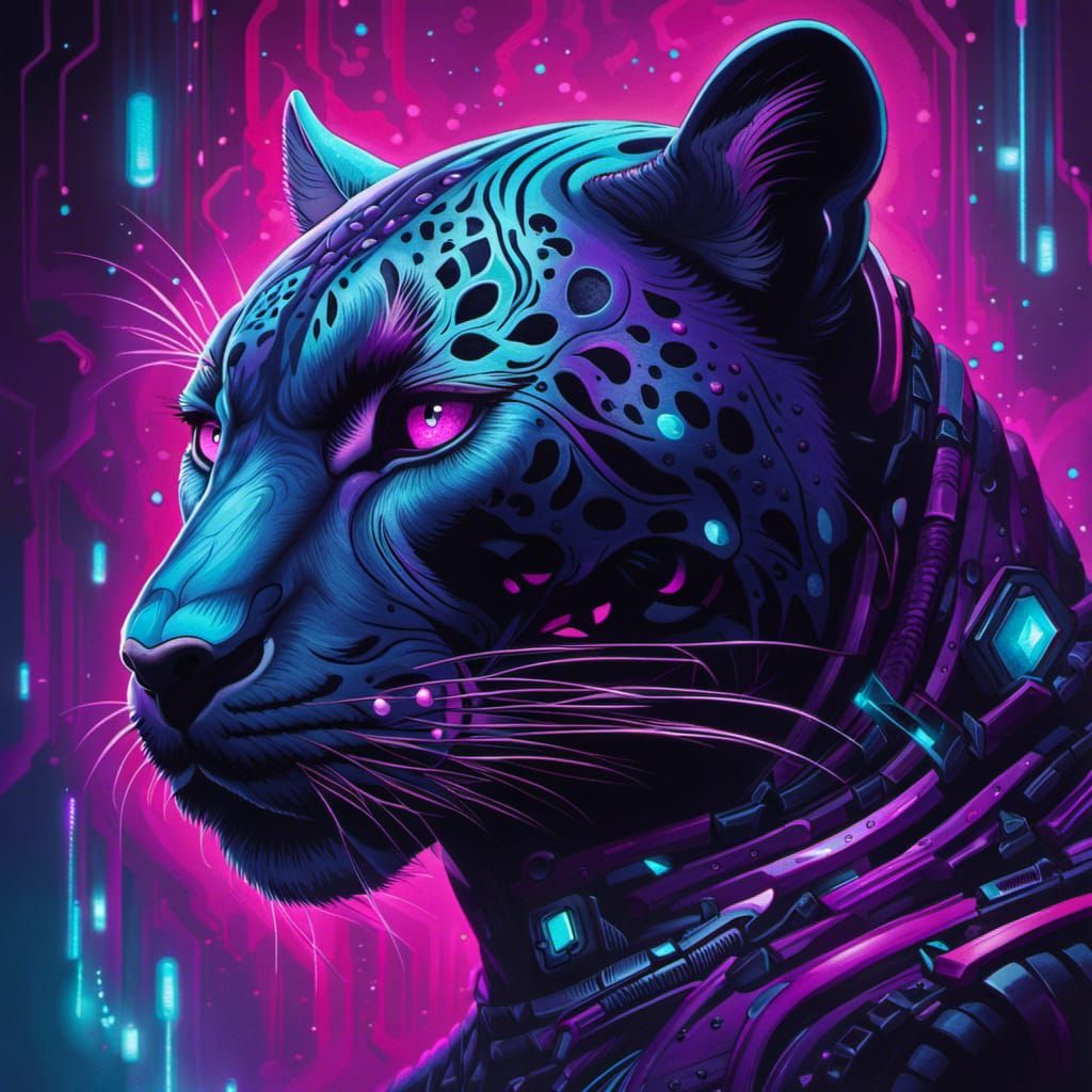 Cyberpunk Panther with Teal Eyes in Dreamy Forest