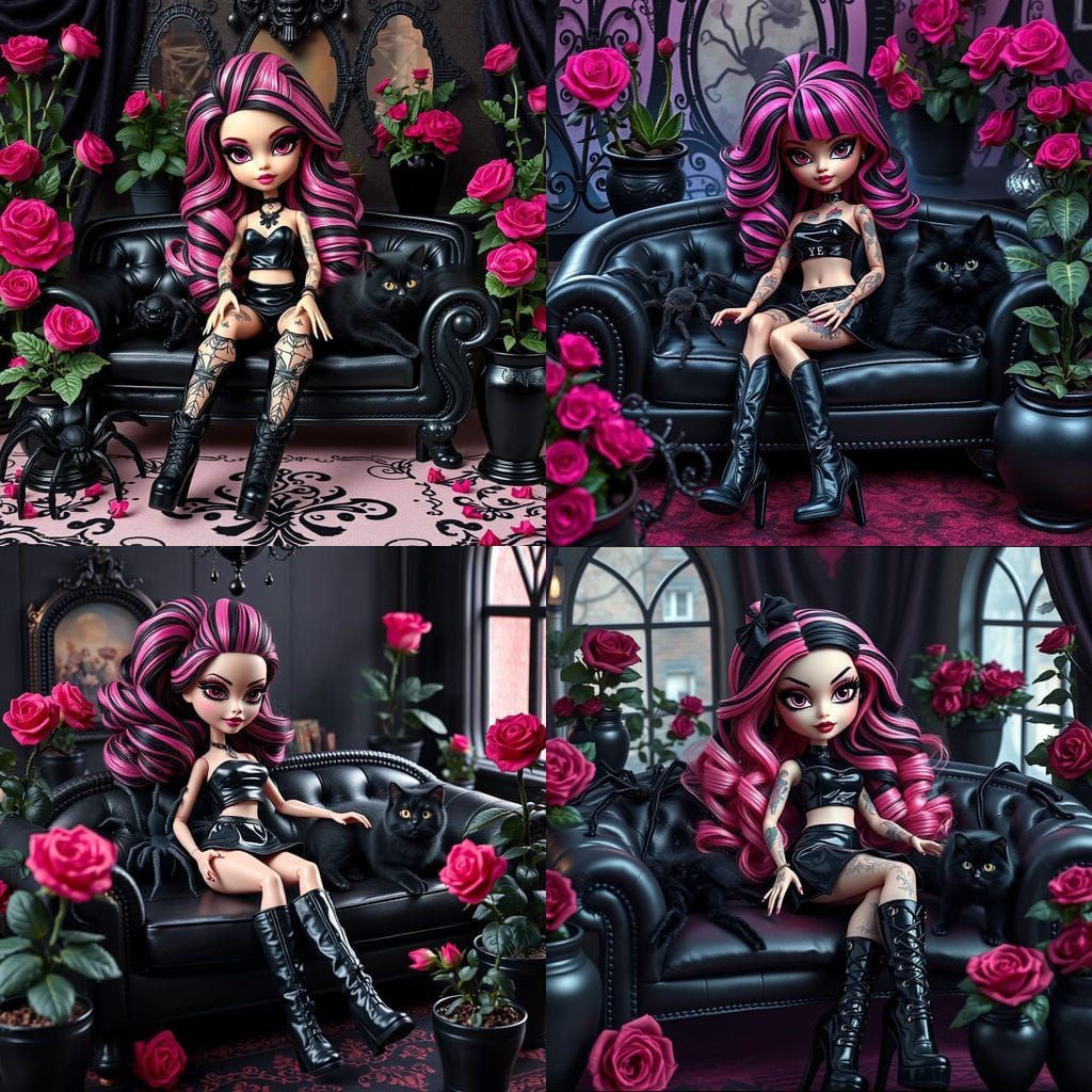Gothic Bratz Doll with Tattoos on Black Sofa