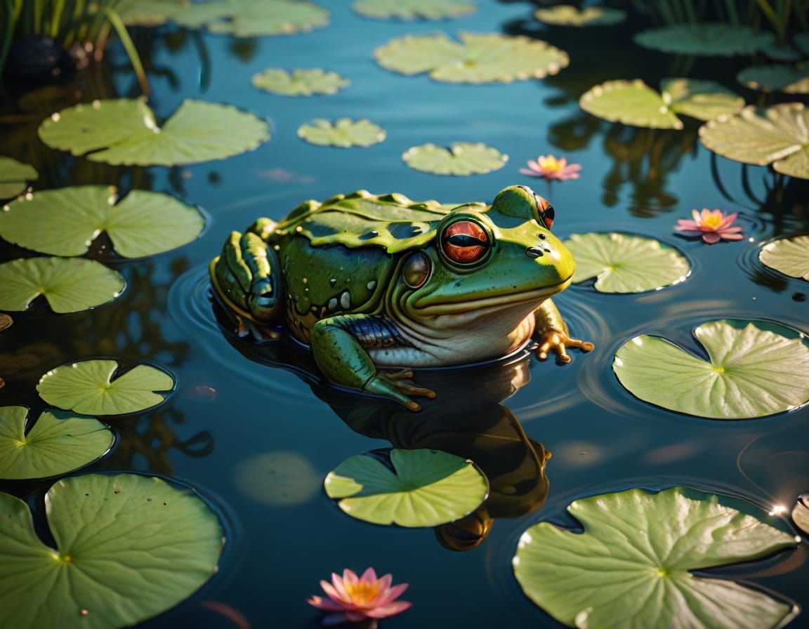 Hyperrealistic Mad Frog in Pond, Cartoonish Style