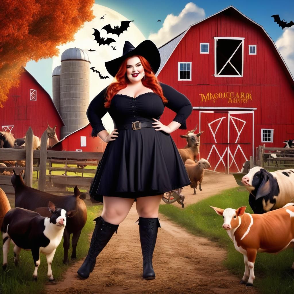 Curvy Witch Farmer in Magical Barnyard Scene