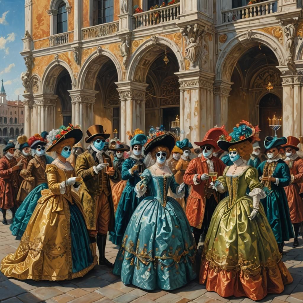 Venice Carnival: Masked Figures in Canaletto Style