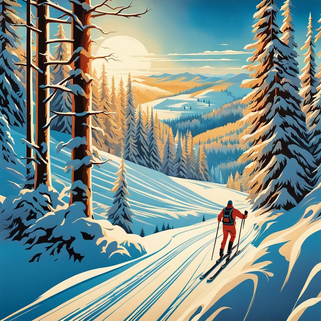 Vintage Ski Poster in Forest Terrain