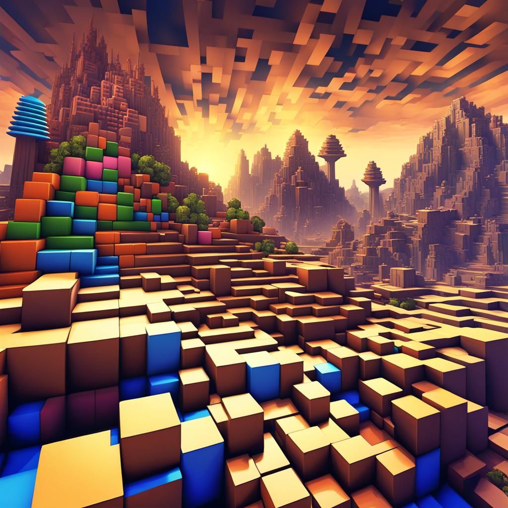 Cyberpunk Minecraft Town in Ruins: Neon 4K Rendering